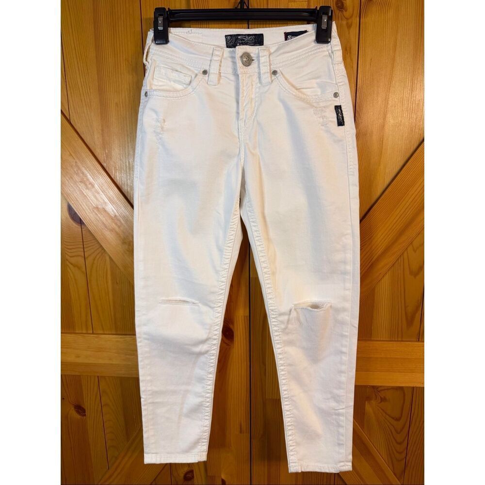 Silver Jeans Suki High Capri Super Stretch Ripped White Jeans Size 25x24 (6831)